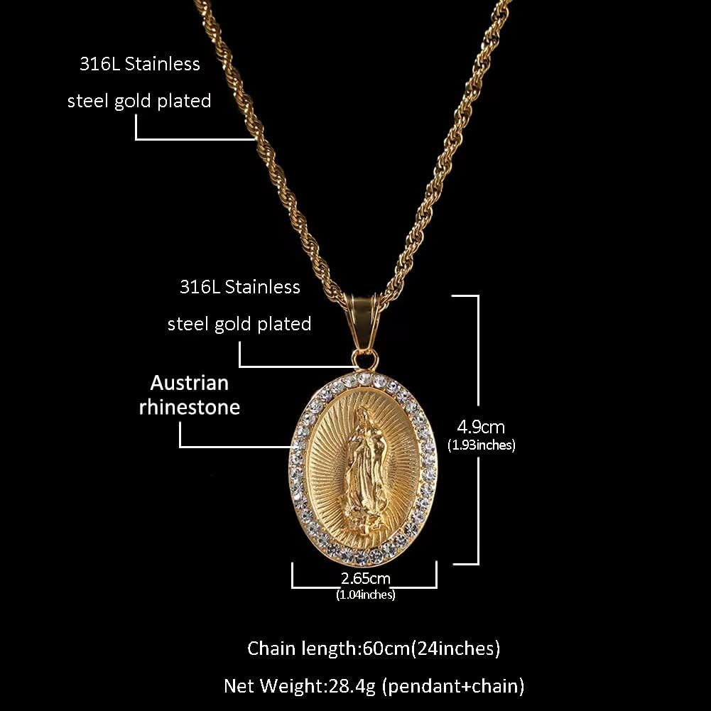 Gold Plated Virgin Mary Necklace Gold Chain Pendant Necklace for Men Women Virgen De Guadalupe Necklace,24In