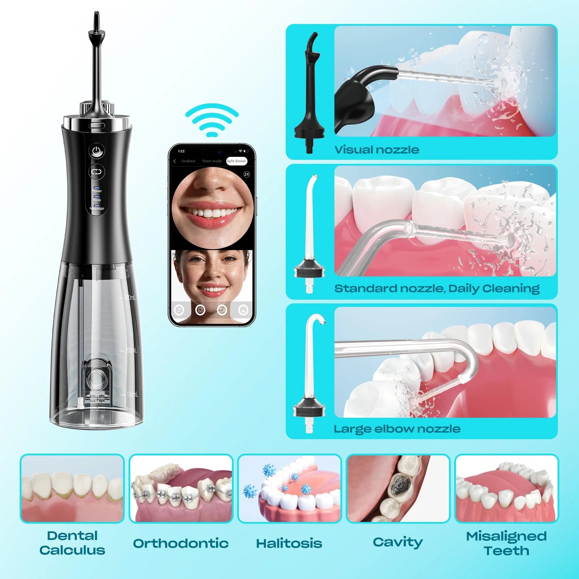Visual Water Flosser for Teeth, Cordless Water Flosser for Teeth Cleaning and Flossing, 1080P Camera Portable Rechargeable Water Dental Flossers for Adults & Kids, 350Ml Oral Irrigator