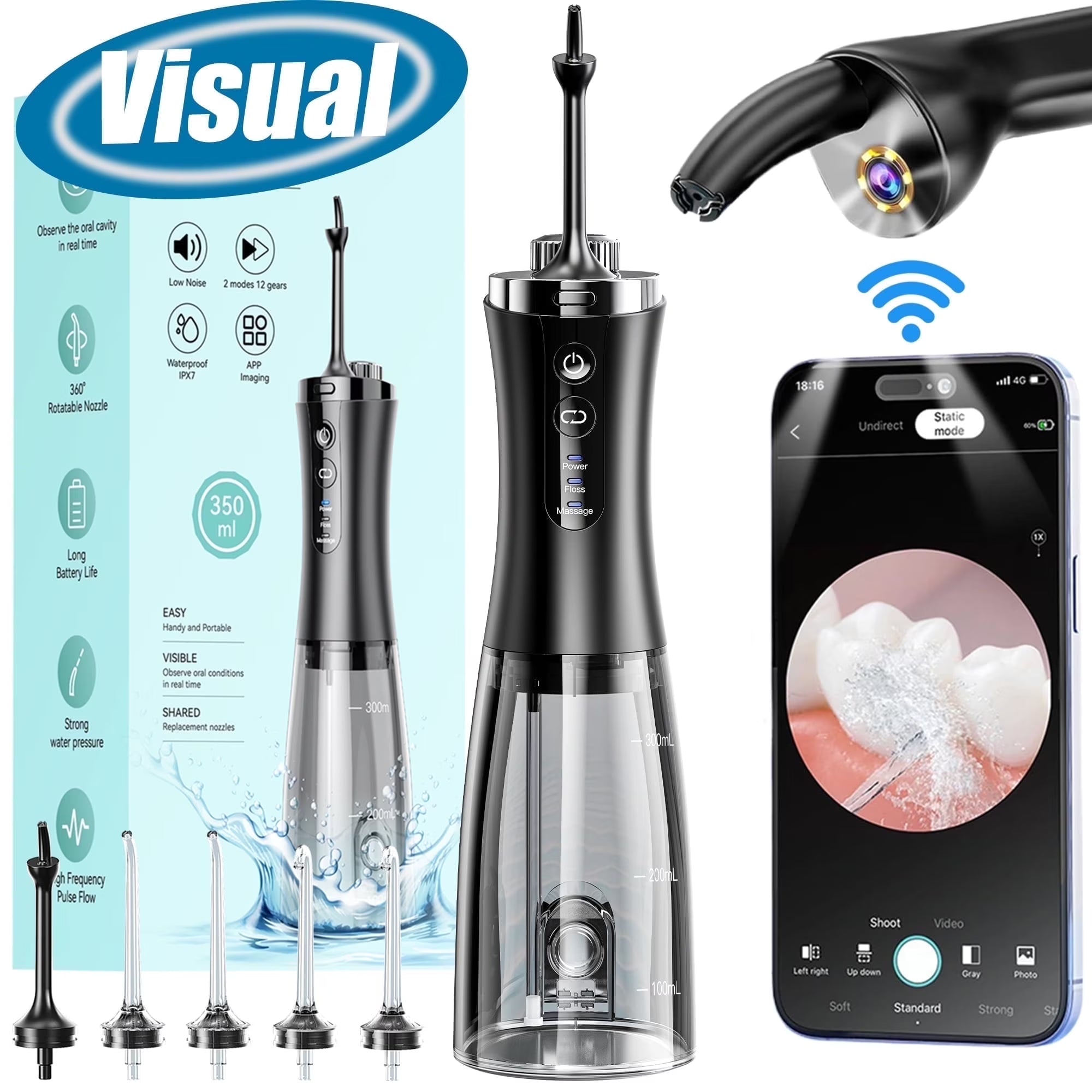 Visual Water Flosser for Teeth, Cordless Water Flosser for Teeth Cleaning and Flossing, 1080P Camera Portable Rechargeable Water Dental Flossers for Adults & Kids, 350Ml Oral Irrigator