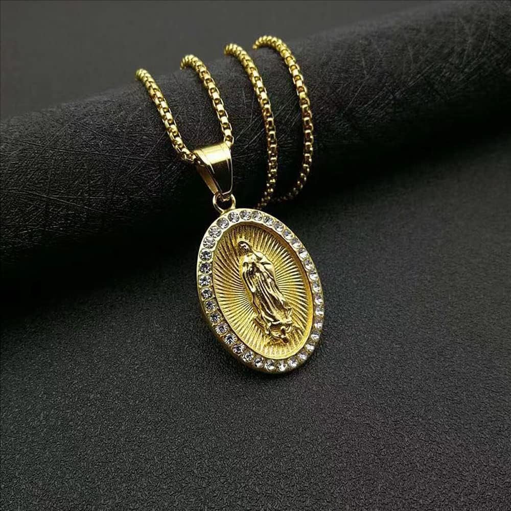 Gold Plated Virgin Mary Necklace Gold Chain Pendant Necklace for Men Women Virgen De Guadalupe Necklace,24In