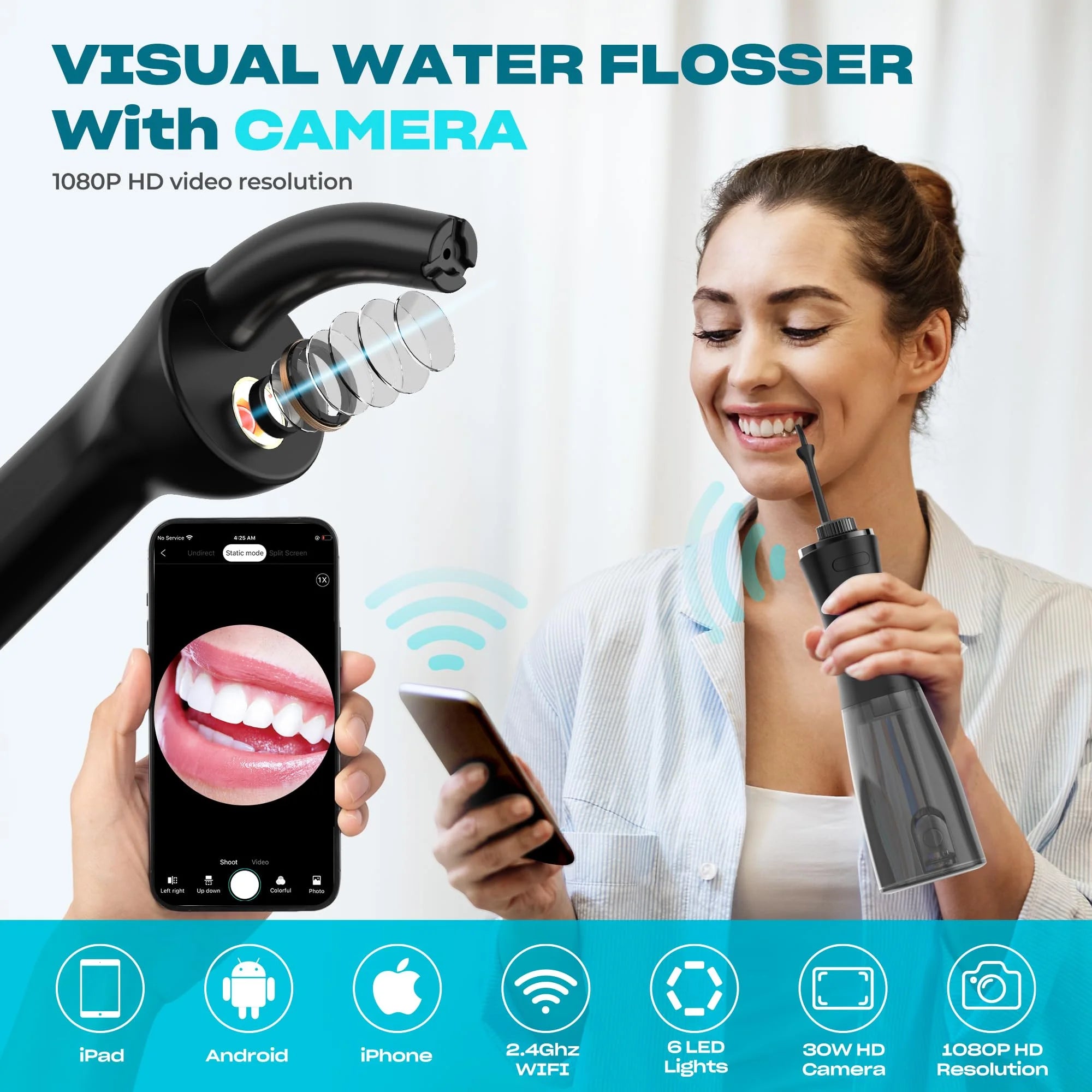 Visual Water Flosser for Teeth, Cordless Water Flosser for Teeth Cleaning and Flossing, 1080P Camera Portable Rechargeable Water Dental Flossers for Adults & Kids, 350Ml Oral Irrigator